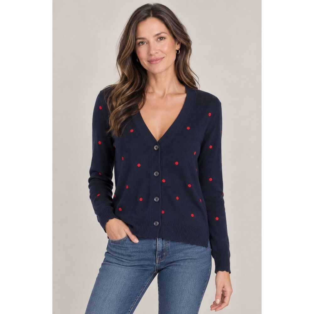 J.Crew Womens Cardigan XXL 2XL Navy Sweater Polka Dot Preppy Staple Casual